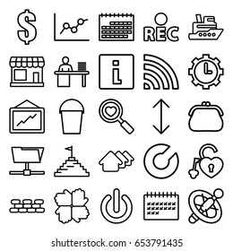 Web icons set. set of 25 web outline icons such as store, house, graph, bucket, calendar, heart search, heart lock, wi-fi, rec, man working at the table, clock in gear