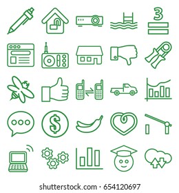 Web icons set. set of 25 web outline icons such as barrier, car, banana, pen, bee, pool, 3 allowed, heart, radio, dislike, connected phone, laptop, browser, chart