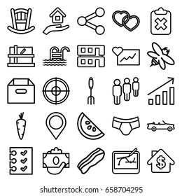 Web icons set. set of 25 web outline icons such as carrot, parcel, baby bed, man underwear, pitchfork, bee, heart, checklist, house builidng, house insurance, bacon