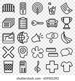 Web icons set. set of 25 web outline icons such as child building kit, chat, t-shirt, gear in head, cpu, key, trash bin, car, fence, medical cross, siren, trophy, document