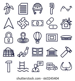 Web icons set. set of 25 web outline icons such as airport, helmet, bra, clean house, map location, hummer, clamp, pill, banana, navigation arrow, man with chat bubble
