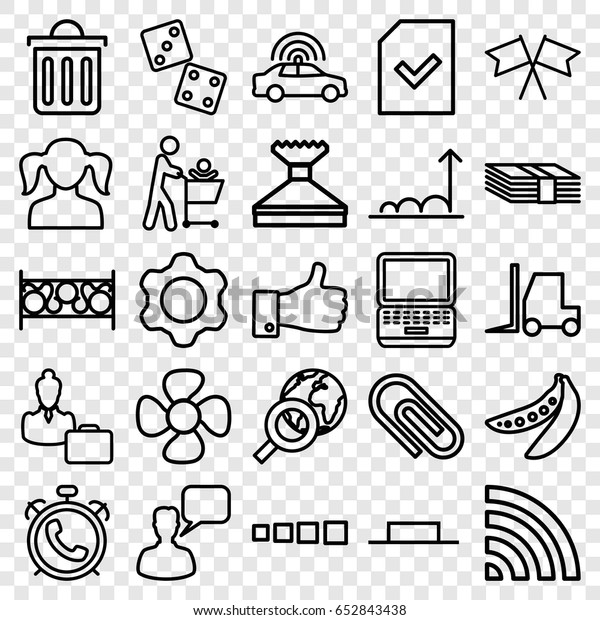 Web icons set. set of 25 web\
outline icons such as alarm, police car, girl, window squeegee,\
chatting man, tractor, fence, peas, fan, wi-fi, thumb up, music\
pause