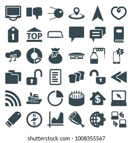 Web icons. set of 36 editable filled web icons such as canister, airport, sack, dislike, graph, cake, ship, compass, pie chart, open lock, core, clobe gear, top of cargo box