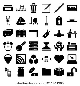 Web icons. set of 36 editable filled web icons such as ruler, cream box, window squeegee, tractor, sailboat, location, heart, pitchfork, medical cross tag, pill, pool
