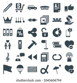 Web icons. set of 36 editable filled web icons such as airport, pie chart, hummer, share, parachute, minus favorite, newspaper, pen, plug in power socket, binder, crown