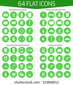 Web icons set of 64 flat icons: computers, electronics, technics, communications, household appliances, kitchen, office, documents. Flat design.