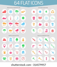 Web icons set of 64 flat icons: weather and temperature, ecology and nature, map and navigation, tools and construction. Flat design.