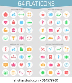 Web icons set of 64 flat icons: sports and fitness, medicine and health, food and nutrition, recreation and tourism. Flat design.