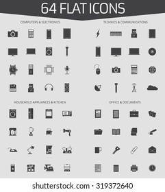 Web icons set of 64 flat icons: computers, electronics, technics, communications, household appliances, kitchen, office, documents. Flat design.