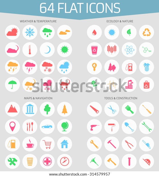 Web icons set of 64 flat icons: weather and\
temperature, ecology and nature, map and navigation, tools and\
construction. Flat design.