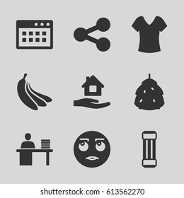 Web icons set. set of 9 web filled icons such as berry, shirt, home care, rolling eyes emot, man working at the table, banana, share, browser window