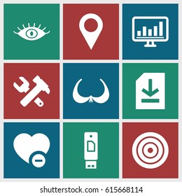 Web icons set. set of 9 web filled icons such as bra, eye, hummer and wrench, minus favorite, chart, file, location pin, target