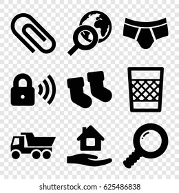 Web icons set. set of 9 web filled icons such as baby socks, home care, man underwear, truck, trash bin, security lock, search, globe search