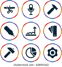 Web icons set. set of 9 web filled icons such as tag, hummer, microphone, graph, scissors and ribbon, pen, pie chart