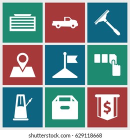 Web icons set. set of 9 web filled icons such as car, business center building, push button, window squeegee, flag, location pin, pendulum, box