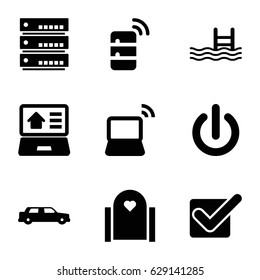 Web icons set. set of 9 web filled icons such as pool, laptop, real estate on laptop, server, switch off, tick, car