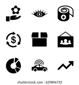 Web icons set. set of 9 web filled icons such as police car, eye, money, pie chart, bandage, photo, graph, atom in hand