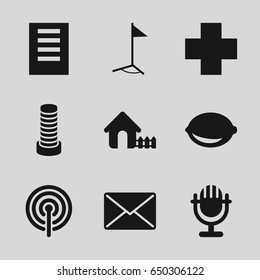 Web icons set. set of 9 web filled icons such as business center building, house, lemon, medical cross, flag, signal, document, microphone