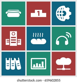 Web icons set. set of 9 web filled icons such as hospital, graph, binder, bread, hot dog, ranking, headset, clobe gear