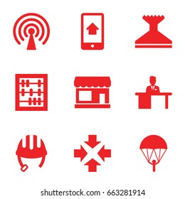 Web icons set. set of 9 web filled icons such as store, helmet, window squeegee, man working at the table, home on phone display, signal, parachute, abacus