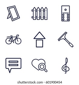 web icons set. Set of 9 web outline icons such as window squeegee, fence, heart search, bicycle, photo, treble clef, arrow up, chat