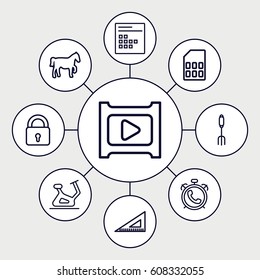 Web icons set. set of 9 web outline icons such as alarm, lock, exercise bike, ruler, pitchfork, calendar, play, memory card
