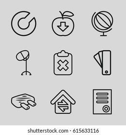 Web icons set. set of 9 web outline icons such as tag, hair dryer, document, home connection, meat, globe, apple download, clipboard with cross