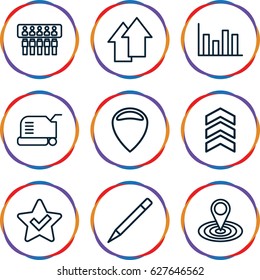 Web icons set. set of 9 web outline icons such as lawn mower, map location, pen, arrow up, arrow, star, spu, location