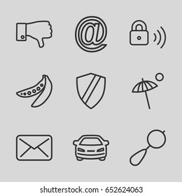 Web icons set. set of 9 web outline icons such as beanbag, car, peas, dislike, security lock, umbrella, shield, at mail