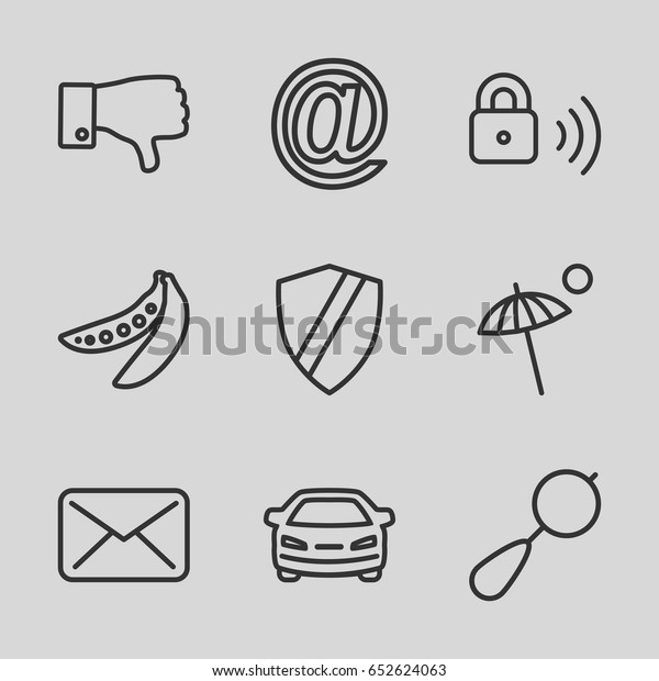 Web\
icons set. set of 9 web outline icons such as beanbag, car, peas,\
dislike, security lock, umbrella, shield, at\
mail