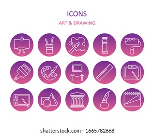Web icons. Set of art icons on purple gradient. Drawing symbols for apps or web sites. Vector