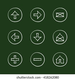 Web icons set- chalk sketch sign illustration on chalk board. Hand-drawn round buttons. Isolated. Vector illustration. Arrows, Letters, Home, Plus, Minus