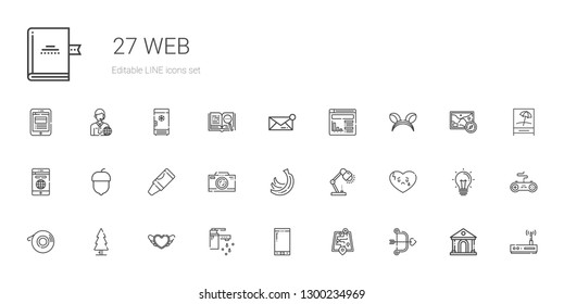 web icons set. Collection of web with cupid, street map, smartphone, tap, heart, tree, scotch, broken heart, lamp, bananas, photo camera, crayon. Editable and scalable web icons.