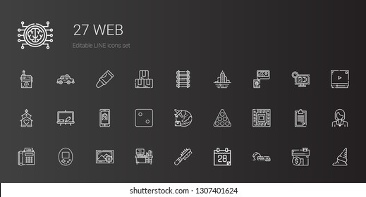 web icons set. Collection of web with earphone, calendar, pet brush, desk, images, console, fax, pattern, pool, worldwide, dice, mobile shopping. Editable and scalable web icons.