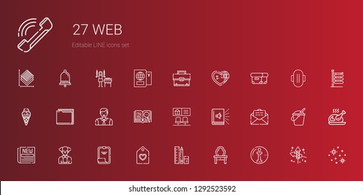 web icons set. Collection of web with info, dressing table, school material, tag, paper clip, clown, newspaper, email, audiobook, bank, open book. Editable and scalable web icons.