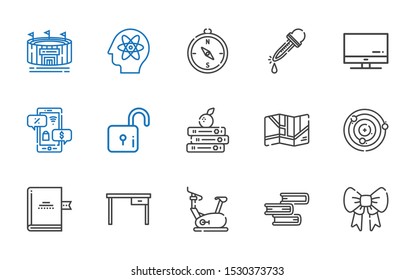 web icons set. Collection of web with ribbon, book, stationary bike, table, atoms, map, books, lock, negotiation, screen, eyedropper, compass. Editable and scalable web icons.
