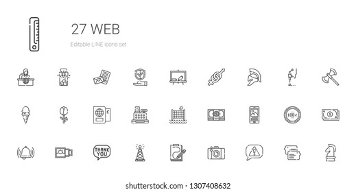 web icons set. Collection of web with risk, photo camera, sketch, antenna, speech bubble, picture, bell, news, money, volley, cashier, passport. Editable and scalable web icons.