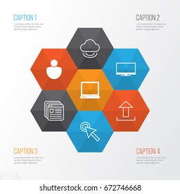 Web Icons Set. Collection Of Send Data, Virtual Storage, Cursor Tap And Other Elements. Also Includes Symbols Such As Bookmark, Upload, Display.