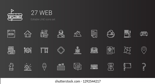 web icons set. Collection of web with sharpener, laptop, chat, components, ice cream, storm, strategy, passport, open book, bank, patch, table. Editable and scalable web icons.