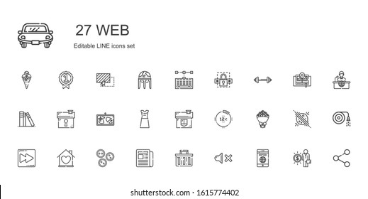 web icons set. Collection of web with smartphone, mute, shopping basket, newspaper, buttons, house, fast forward, bouquet, percentage, dress. Editable and scalable web icons.