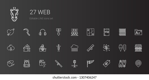 web icons set. Collection of web with tag, wind sign, parking, satellite, tap, backpack, heart, fireworks, degree, rain, woman, news report, tickets. Editable and scalable web icons.