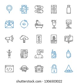 web icons set. Collection of web with witch hat, padlock, first aid kit, audiobook, coding, pencil, walkie talkie, user, job search, woman, mailbox. Editable and scalable web icons.