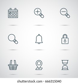 Web Icons Set. Collection Of Zoom Out, Safeguard, Calendar And Other Elements. Also Includes Symbols Such As Basket, Shopping, Date.