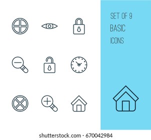 Web Icons Set. Collection Of Zoom Out, Safeguard, Time And Other Elements. Also Includes Symbols Such As Padlock, Clock, Positive.