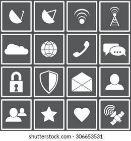 Web icons set for communications and applications: antenna, receiver, wi-fi, cloud, network, chat, lock, defense, envelope, user, friend, satelite, favorite, favorite. Flat design.