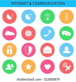 Web icons set for communications and applications: antenna, receiver, wi-fi, cloud, network, chat, lock, defense, envelope, user, friend, satelite, favorite, favorite. Flat design.