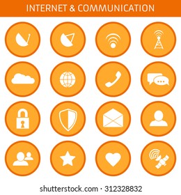 Web icons set for communications and applications: antenna, receiver, wi-fi, cloud, network, chat, lock, defense, envelope, user, friend, satelite, favorite, favorite. Flat design.