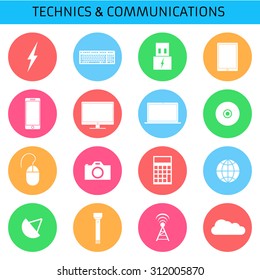 Web icons set for computer equipment: Power, keyboard, tablet, phone, monitor, laptop, mouse, CD, camera, calculator, network, communication, flashlight, antenna, cloud storage. Flat design.