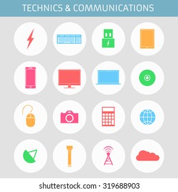Web icons set for computer equipment: Power, keyboard, tablet, phone, monitor, laptop, mouse, CD, camera, calculator, network, communication, flashlight, antenna, cloud storage. Flat design.