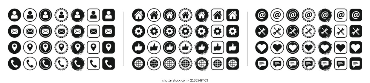 Web icons set, contact us icon, blog and social media round signs for websites. Black flat symbols for name, email, phone, address, location, like, settings, chat etc. Vector sets of circle, square.